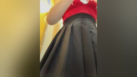 Video of a woman wearing a red sleeveless top and a black pleated skirt, standing in a dimly lit room with yellow walls.