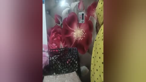 Video of a woman's reflection in a mirror, wearing a yellow polka-dotted shirt, holding a red rose, surrounded by red and white floral wallpaper.