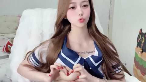 A video of an Asian woman with long brown hair and fair skin, wearing a blue sailor-style top, puckering her lips in a kiss. Background includes a white bed with a plush pillow and a colorful, patterned pillow.