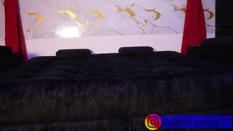 Video of a dark, tufted sofa with plush, black velvet upholstery. The background features a white wall with a gold and white floral mural. Red curtains frame the scene, creating a dramatic ambiance.