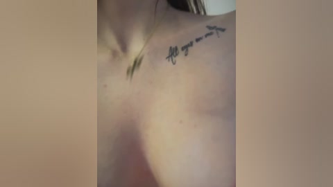 A close-up video of a light-skinned woman's upper chest, showcasing a small black tattoo of a cursive quote above her collarbone. The background is blurred and beige.