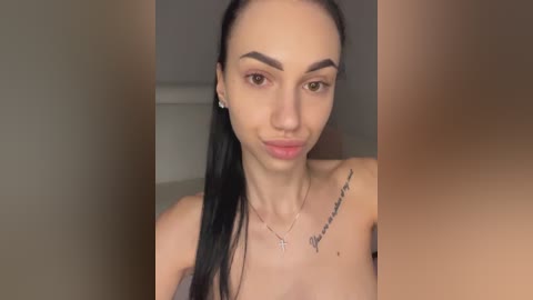 Video of a young woman with fair skin, straight black hair tied in a ponytail, wearing a silver necklace with a cross pendant. She has a thin build, small breasts, and a tattoo on her right shoulder. Background is blurred.