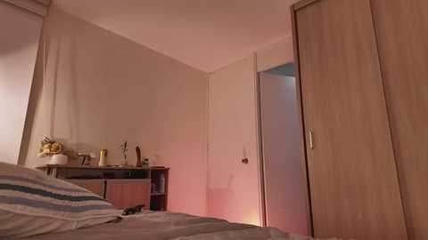 A video of a sparsely furnished bedroom with beige walls, a wooden wardrobe, and a closed door. A bed with striped bedding is partially visible, and a small wooden desk with decorative items and a lamp is positioned against the wall.