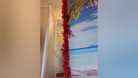 Video of a bathroom corner with a white toilet, a colorful beach mural, and a red tinsel garland draped over the mirror.