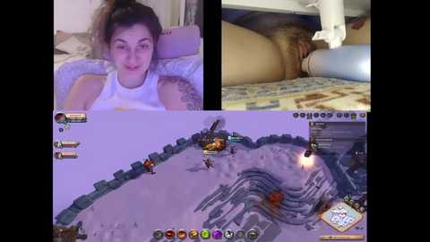 Video collage featuring a young woman with fair skin and brown hair, smiling, lying on a bed. Below, a video game screenshot of a mining scene with a helicopter.