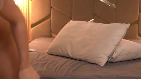 A video captures a cozy bedroom scene with a beige quilted headboard, a warm light, and a man's arm in the foreground, suggesting intimacy. Two white pillows are positioned on a gray bedspread.