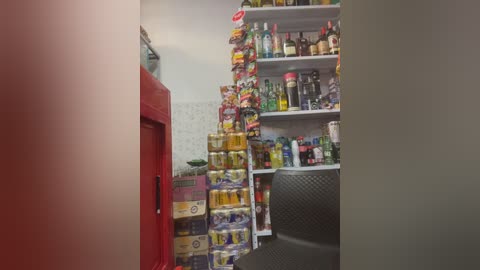 Media: Video of a cluttered, dimly lit room with a red cabinet on the left, a white shelf loaded with various alcohol bottles and snacks, and a black chair visible in the foreground.