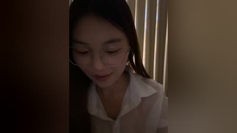 Media: A dimly lit video of an Asian woman with long black hair and glasses, wearing a white blouse, looking down thoughtfully. The background features beige walls and a wooden door.