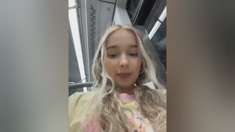 A video of a young girl with long, wavy blonde hair, wearing a light yellow sweater with a pink pattern, sitting in an airplane. The background shows airplane seats and windows.