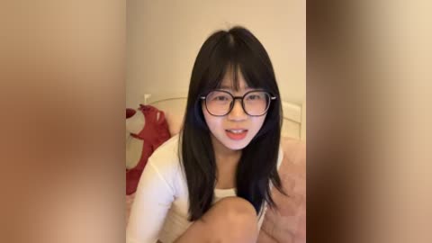A video of a young Asian woman with long black hair, wearing glasses and a white top, sitting on a bed. A red fox plush toy is on the left.