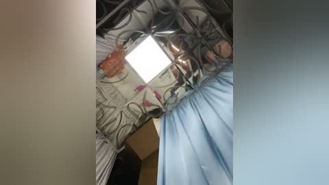 A video of a bedroom ceiling featuring a decorative light fixture with a floral pattern, surrounded by patterned wallpaper, and a blue curtain hanging from a rod.