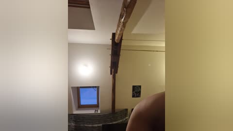 Media: Video of a modern, minimalist room with a wooden ceiling beam and a small, bright window. A muted yellow wall and a dark, textured stone fireplace surround the area.