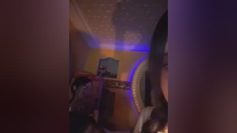 A dimly lit, blurred video captures a woman's profile with long dark hair, wearing a pink top, sitting at a table with a blue-tinted glass. A wooden chair and a framed picture are visible in the background.