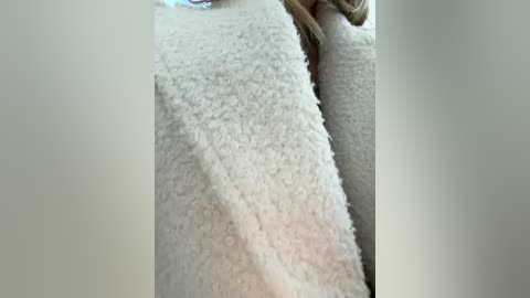 Video of a woman's arm wrapped in a beige, fluffy blanket, partially covering her face. Her blonde hair is visible, and her skin tone is fair. The setting appears to be indoors.