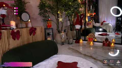 Video of a cozy, festive living room adorned with Christmas decor, featuring a green couch, red ribbons, and candles, alongside a plush polar bear toy.