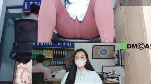 Video collage featuring a woman in pink pants and a white blouse seated in an office, a man in a black shirt, and a close-up of a woman wearing a face mask and white lab coat.