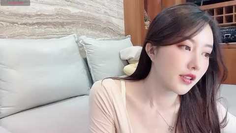 Media: Video of an East Asian woman with long dark hair and fair skin, wearing a beige top, sitting on a light-colored couch in a cozy living room with a stone wall and wooden shelves.