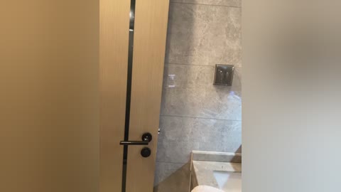 Video of a modern bathroom with a wooden door, a grey stone wall, a metallic wall-mounted light, and a white toilet visible in the background.