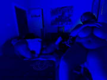 A dimly lit, blue-filtered video of two nude women engaging in sexual activity on a bed in a bedroom. The women are of average build, with one on top and the other underneath.