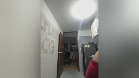 Video of a narrow hallway with white tiled walls and a bright ceiling light, leading to a kitchen with dark appliances and a dining area.