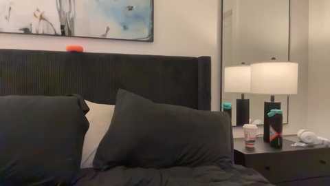 Video of a modern bedroom with a dark gray upholstered headboard, matching pillows, and a nightstand with a white lamp, a water bottle, and a red alarm clock. The background features a large, abstract floral painting and a mirrored wall.