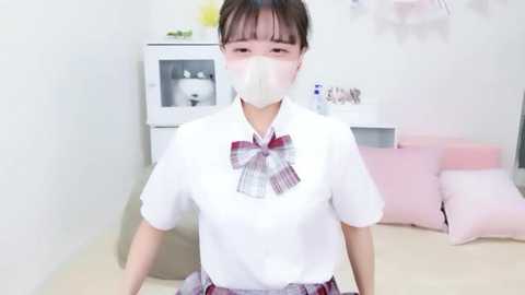 Video of a young East Asian girl in a white school uniform with a red and white plaid bow, wearing a mask, standing in a pastel-colored, softly lit room with a white fridge and cushioned seat in the background.