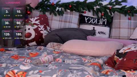 Video of a cozy bedroom with a plaid bedspread, festive pillows, and holiday garland; a virtual overlay displays health stats.