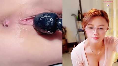 A split image: left, close-up of a woman's anus being vibrated; right, a fair-skinned woman with short red hair, glasses, wearing a low-cut top.