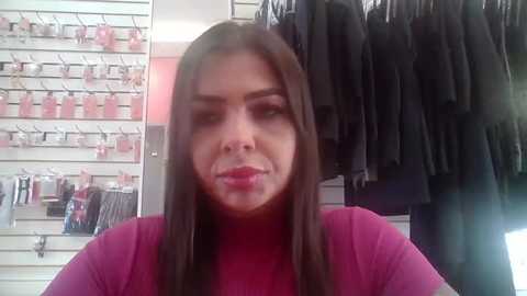 Video of a woman with long brown hair and fair skin, wearing a pink turtleneck, standing in a retail store with white shelves displaying pink products and a rack of black jackets in the background.