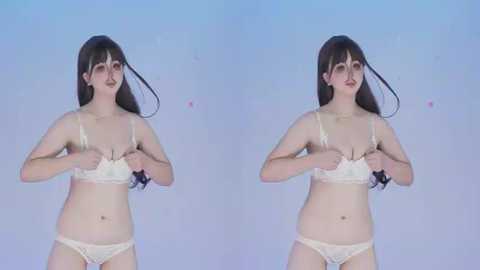 Side-by-side video of a pale-skinned woman with long black hair, wearing white lace lingerie, lifting her bra cups. She has a slim figure with small breasts. Background is a soft blue gradient.