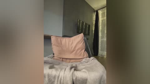 A video of a cozy bedroom with a beige cushioned chair, a gray blanket, and a soft light filtering through sheer curtains. The walls are painted a muted gray, and a decorative green wall hanging is visible.
