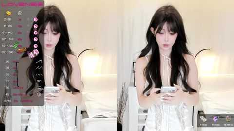 Video of a young woman with long black hair, wearing a white dress, seated on a bed, using a smartphone. The background features a soft-lit room with minimalistic decor.