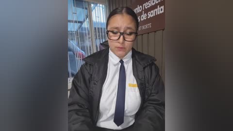 Video of a serious-looking woman with glasses and dark hair, dressed in a white shirt, dark tie, and black jacket, standing in a dimly lit office with a sign reading \"veterinaria\" in the background.