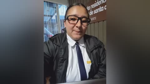 A video of a middle-aged man with glasses and a dark suit, standing behind a counter with a blurred background of a Spanish-language sign and a window.