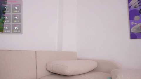 Video of a minimalist living room with a beige sectional sofa and a cushion on the armrest. White walls feature a calendar and a purple abstract painting.