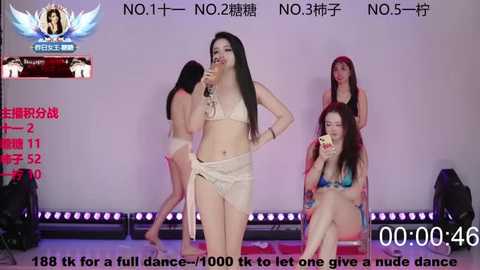 A video shows four Asian women in a modern dance routine, dressed in lingerie, against a white backdrop. Text overlays mention 100 TikTok dances and the time 00:00:44.