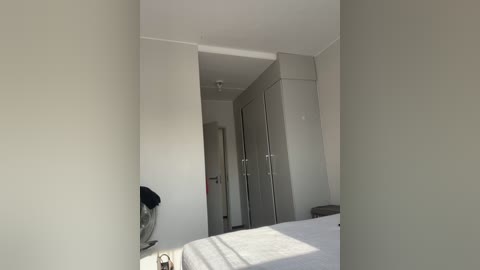 Video of a minimalist, modern bedroom with light gray walls, a white bed, a black bag on a nightstand, and a mirrored wardrobe.