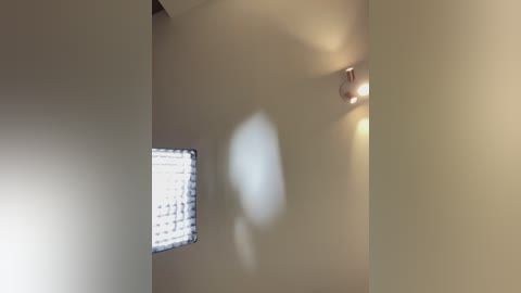 A video of a beige-walled interior room with a small, rectangular window covered in a wire mesh screen, casting soft shadows on the wall. The room appears clean and minimalistic.