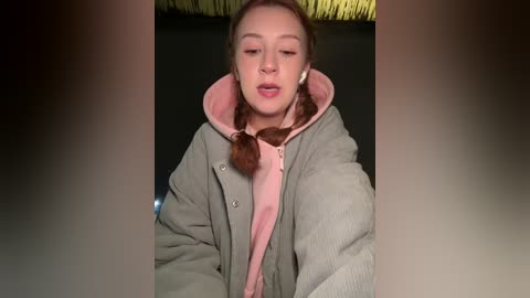 Video of a young woman with light skin, brown hair in braids, wearing a gray hoodie over a pink shirt, seated with a neutral expression.