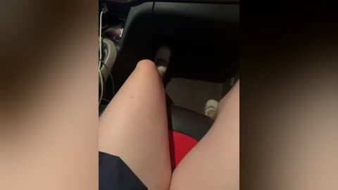 Video of a person's legs in a car, showing light skin and a red fabric, with a blurry background of a black dashboard and steering wheel.
