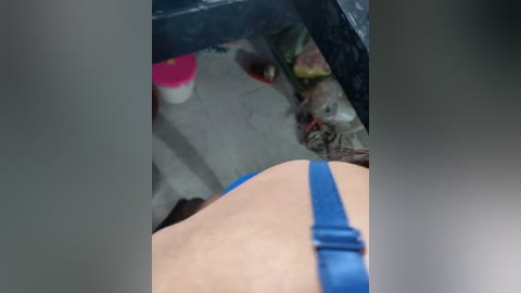 A video captures a close-up of a person's back in a blue top, with a white dog sniffing and licking their neck, in a dimly lit room.