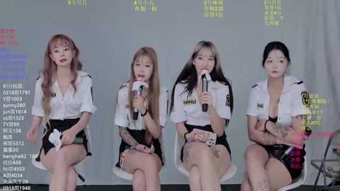 Video of four young women with East Asian features, dressed in white police uniforms, holding microphones, seated against a white background with yellow text.