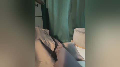 Video of a dimly lit room with beige bedding and a white toilet partially visible through a doorway, partially obscured by shadows.