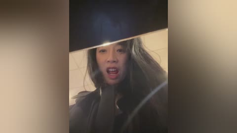 A video of a woman with long, dark hair, wearing a black jacket, appears through a blurred, dark window, her mouth open in a scream.