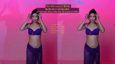 A video of a woman in a purple lace bra and sheer skirt, adjusting her hair. Background is a gradient of pink and red. Text overlays with Chinese characters and English words.