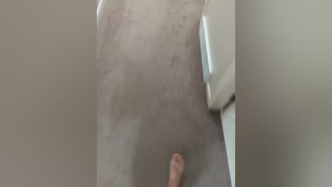 Video of a close-up view of a person's naked genitals, with a visible penis and testicles, standing in a tiled bathroom with a white toilet visible to the right. The background is a beige wall.
