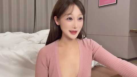 Video of an Asian woman with long, straight brown hair, fair skin, and a petite frame, wearing a light pink ribbed cardigan, sitting on a white bed in a modern, minimalist bedroom with beige walls and a pink painting.