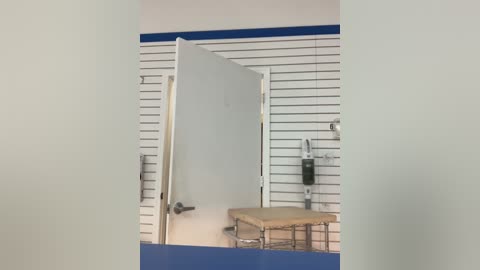 Video of a closed white door with a blue trim, set against white horizontal paneling and a blue wall. A beige chair with a metal frame is partially visible in the background.