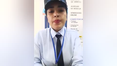Video of a Latina woman with medium skin tone, wearing a white business suit, dark tie, and blue lanyard, standing in a government office with Spanish text.