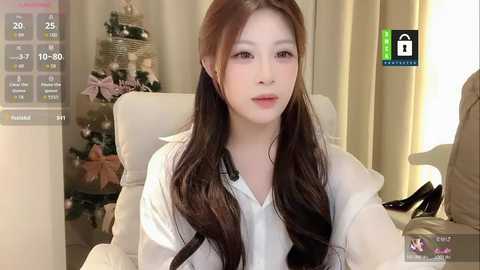 Video of an East Asian woman with long brown hair, pale skin, and delicate features, wearing a white shirt, sitting on a beige chair in a cozy room with a Christmas tree and a digital clock on the left.